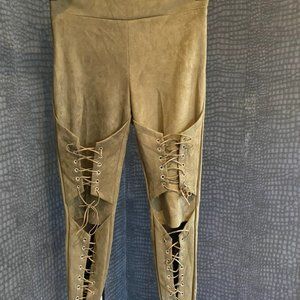 Olive green suede tights with tie up sections